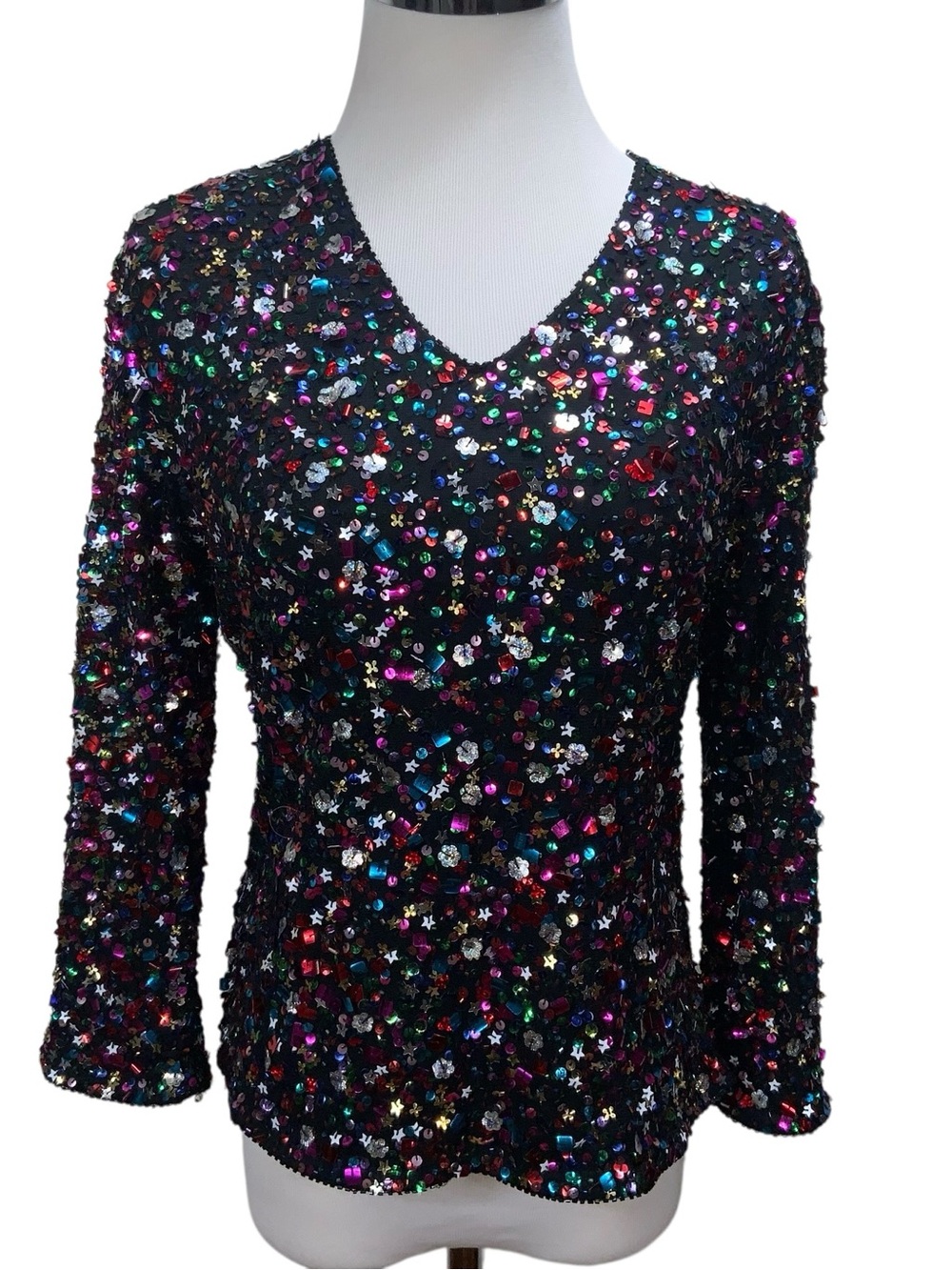 Vintage Classic Creations Confetti Sequin Beaded Stretch Top Size L V-Neck